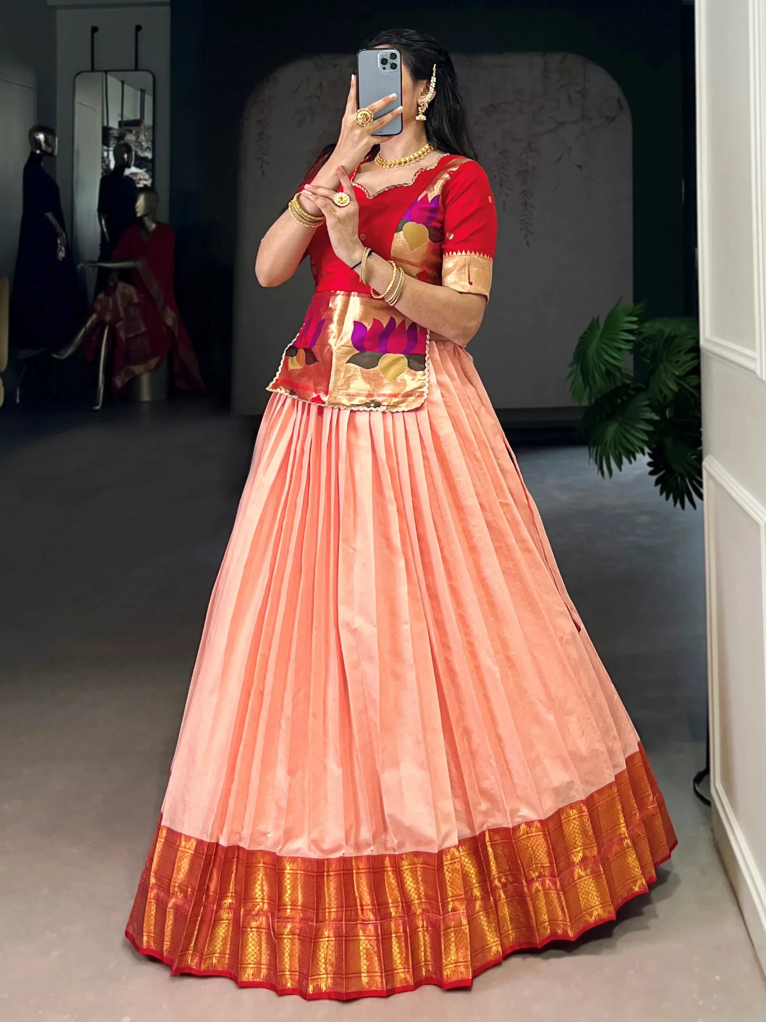Classic Peach Zari Weaving Silk Festive Wear Crop Top Lehenga