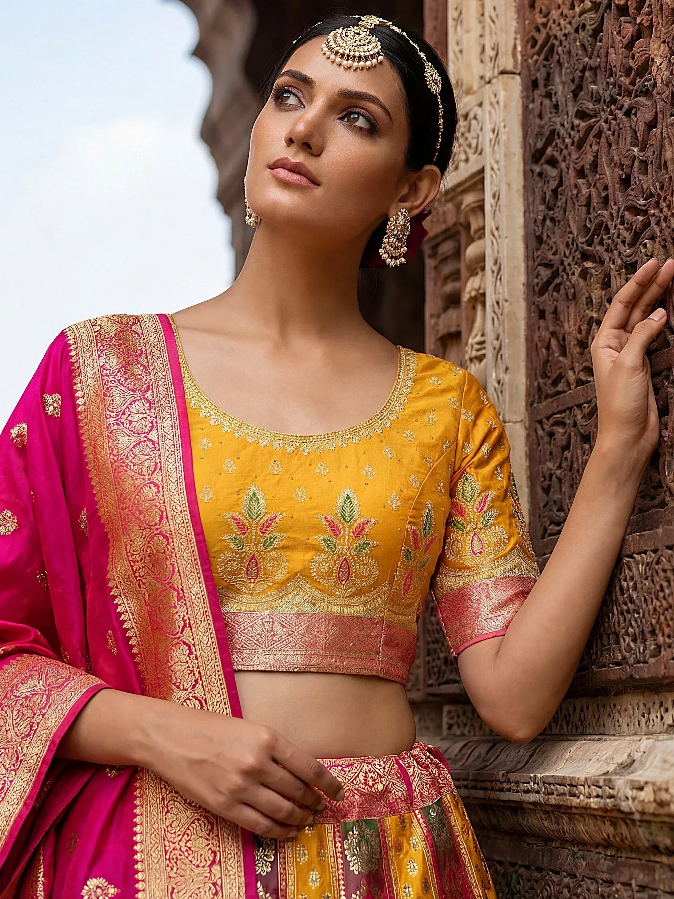 Majestic Multi Colour Zari Weaving Silk Sangeet Wear Lehenga Choli