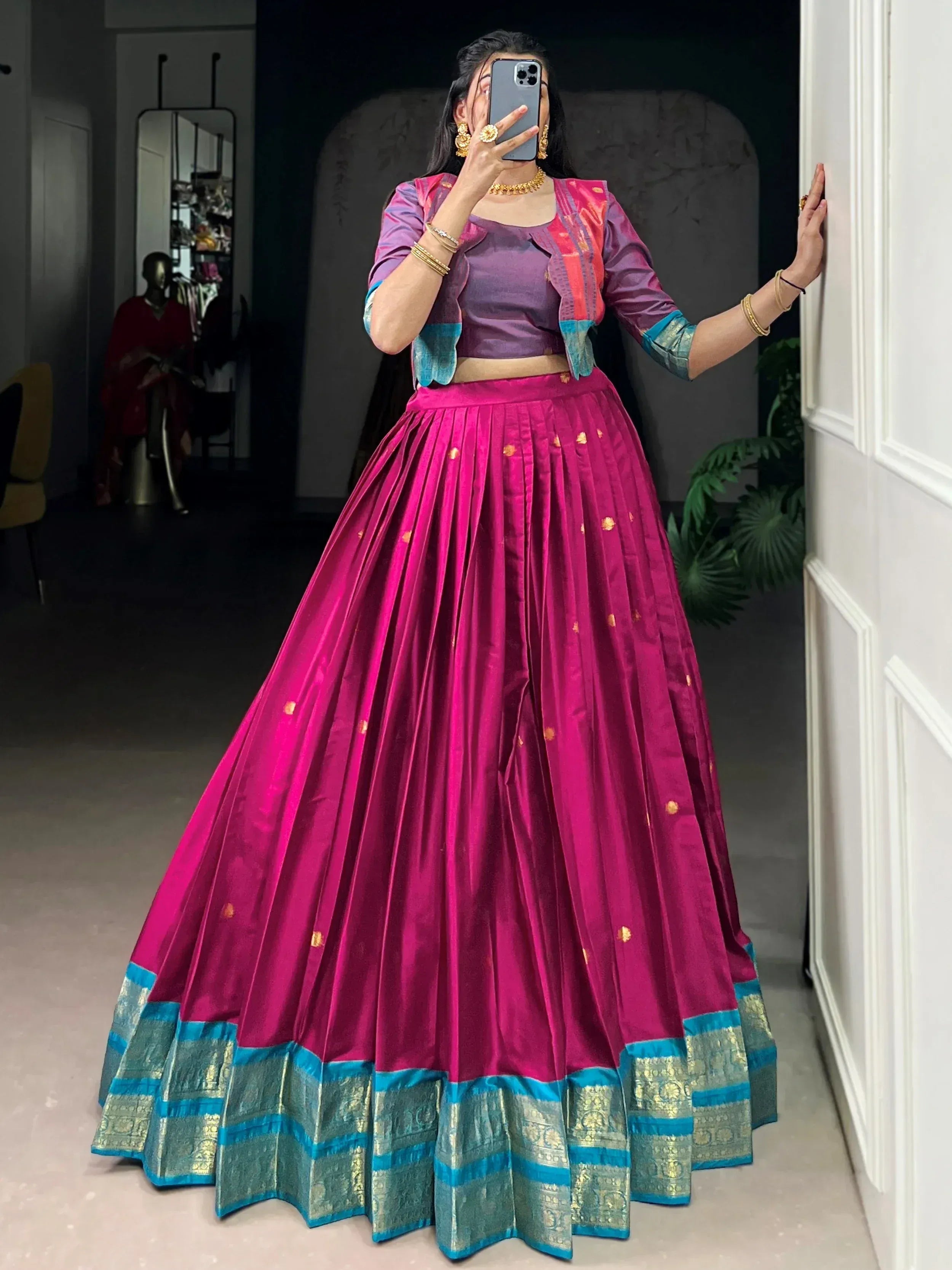 Alluring Pink Zari Weaving Cotton Festive Wear Lehenga Choli With Koti