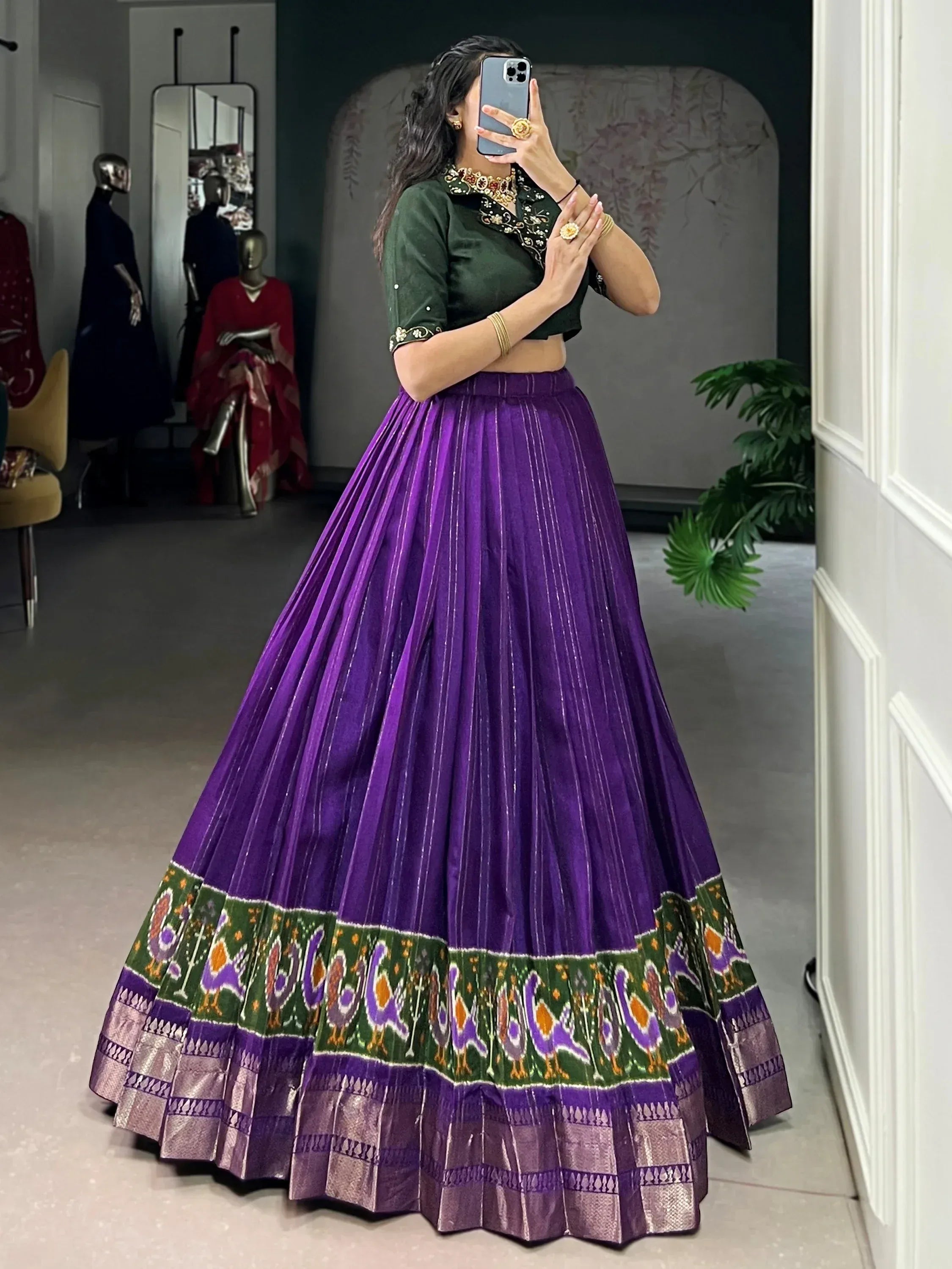 Magnificent Purple Printed Cotton Festival Wear Crop Top Lehenga