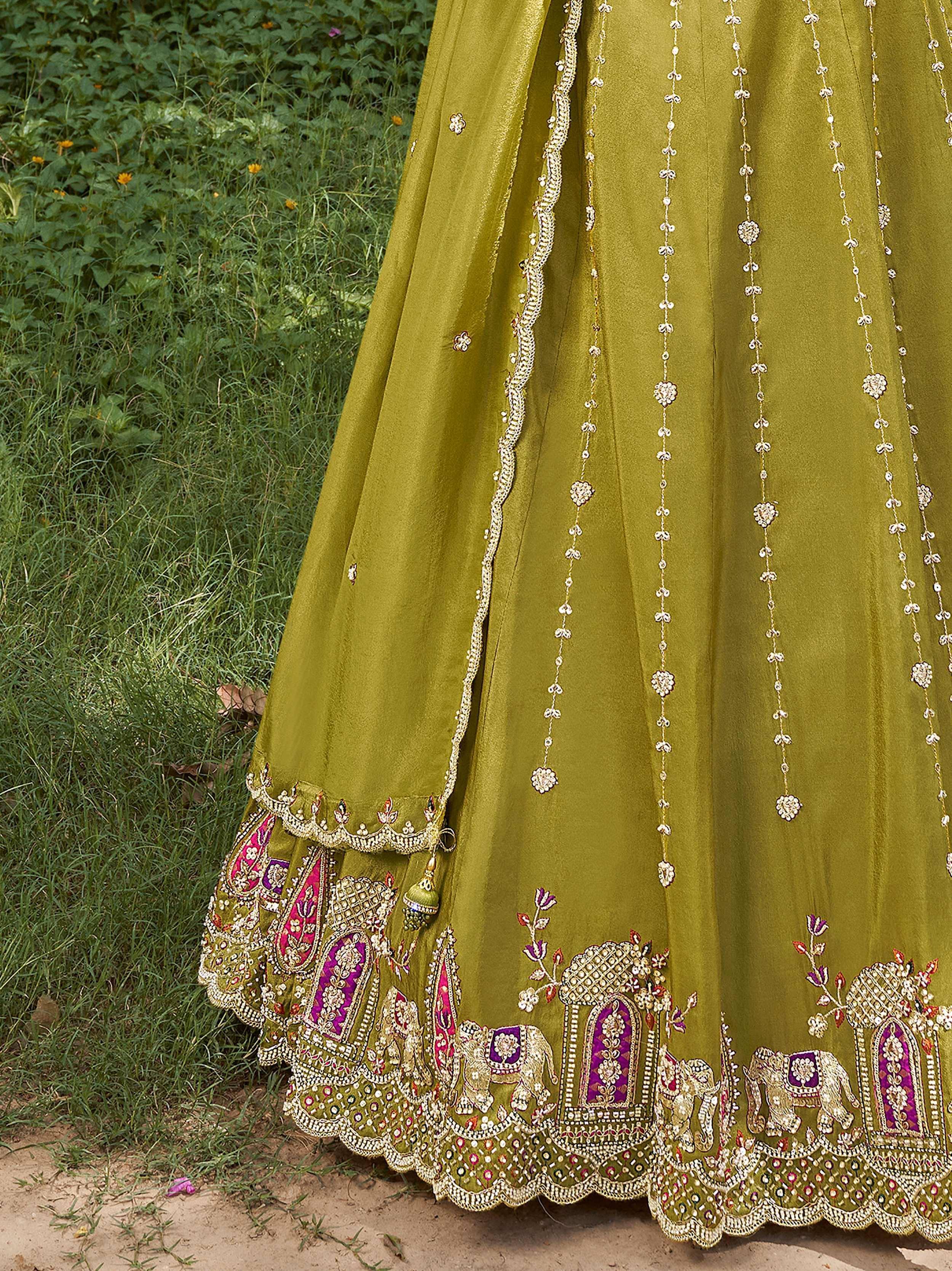 Glowing Green Embroidered Tissue Wedding Wear Lehenga Choli