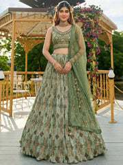 Gorgeous Green Embroidered Chinon Function Wear Lehenga Choli