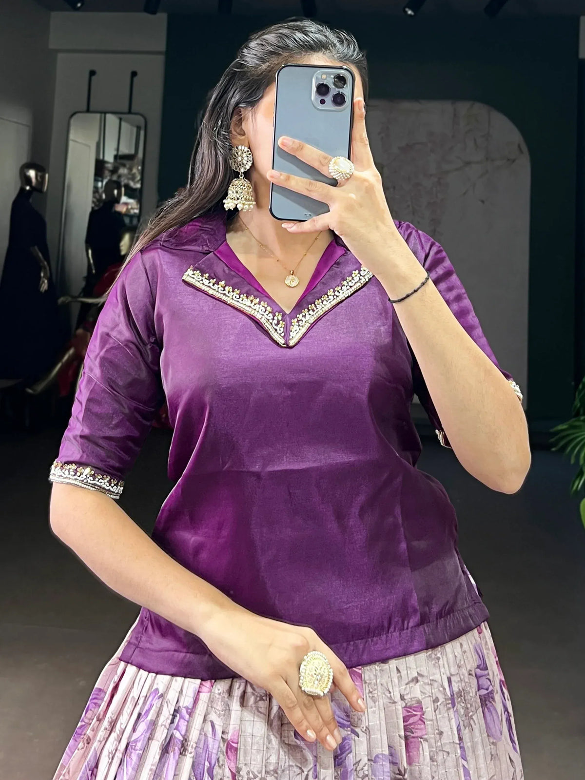 Classic Purple Floral Printed Dola Silk Festive Wear Co-Ord Lehenga Set