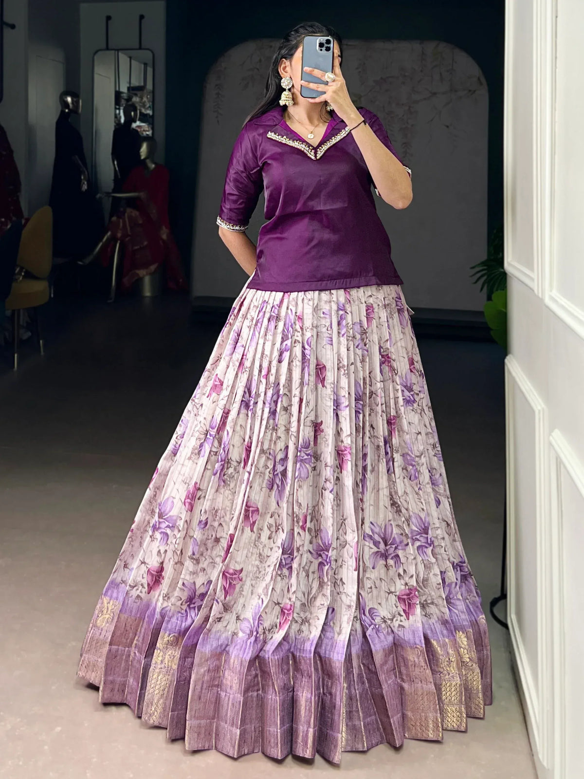 Classic Purple Floral Printed Dola Silk Festive Wear Co-Ord Lehenga Set