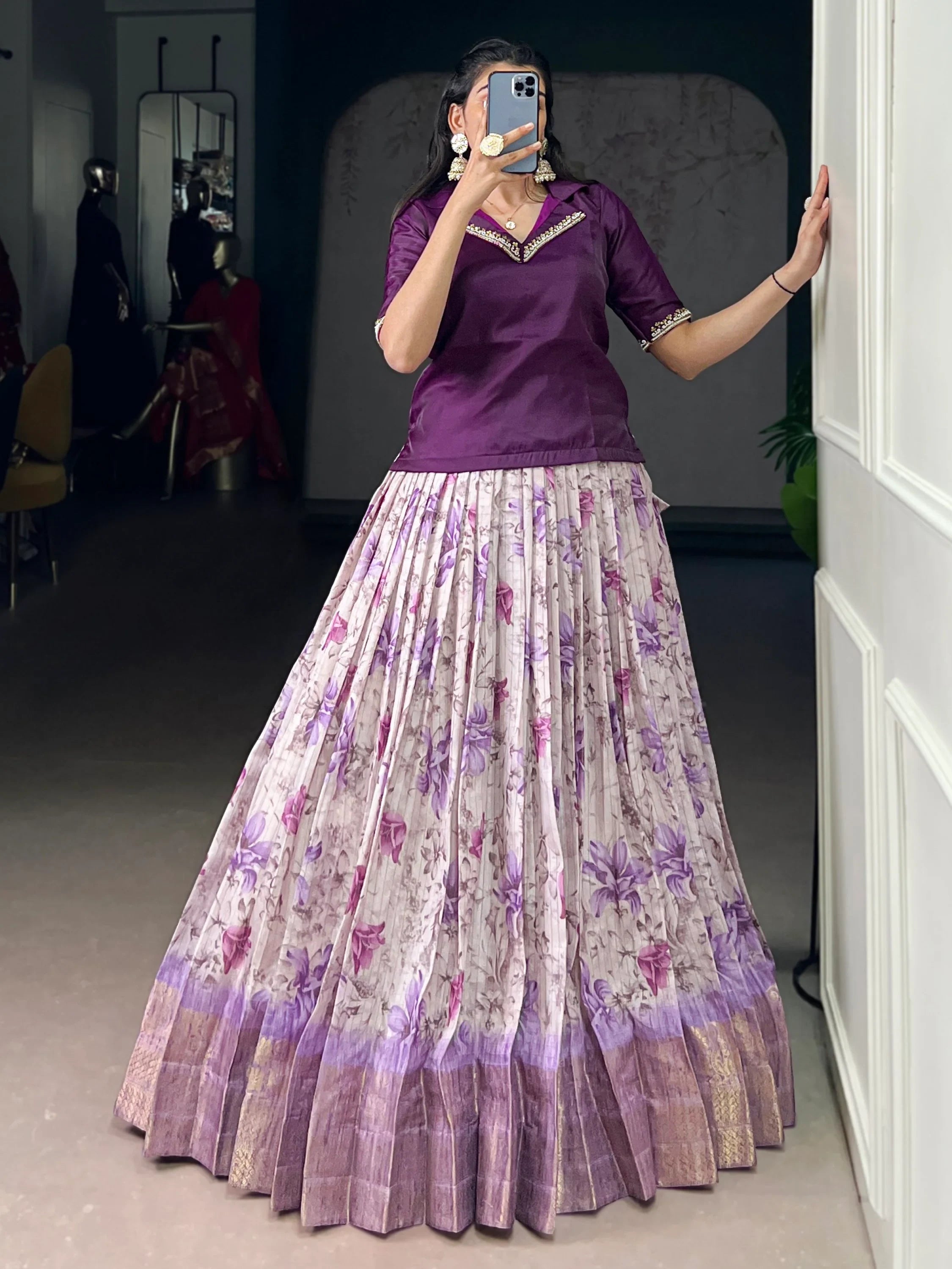 Classic Purple Floral Printed Dola Silk Festive Wear Co-Ord Lehenga Set
