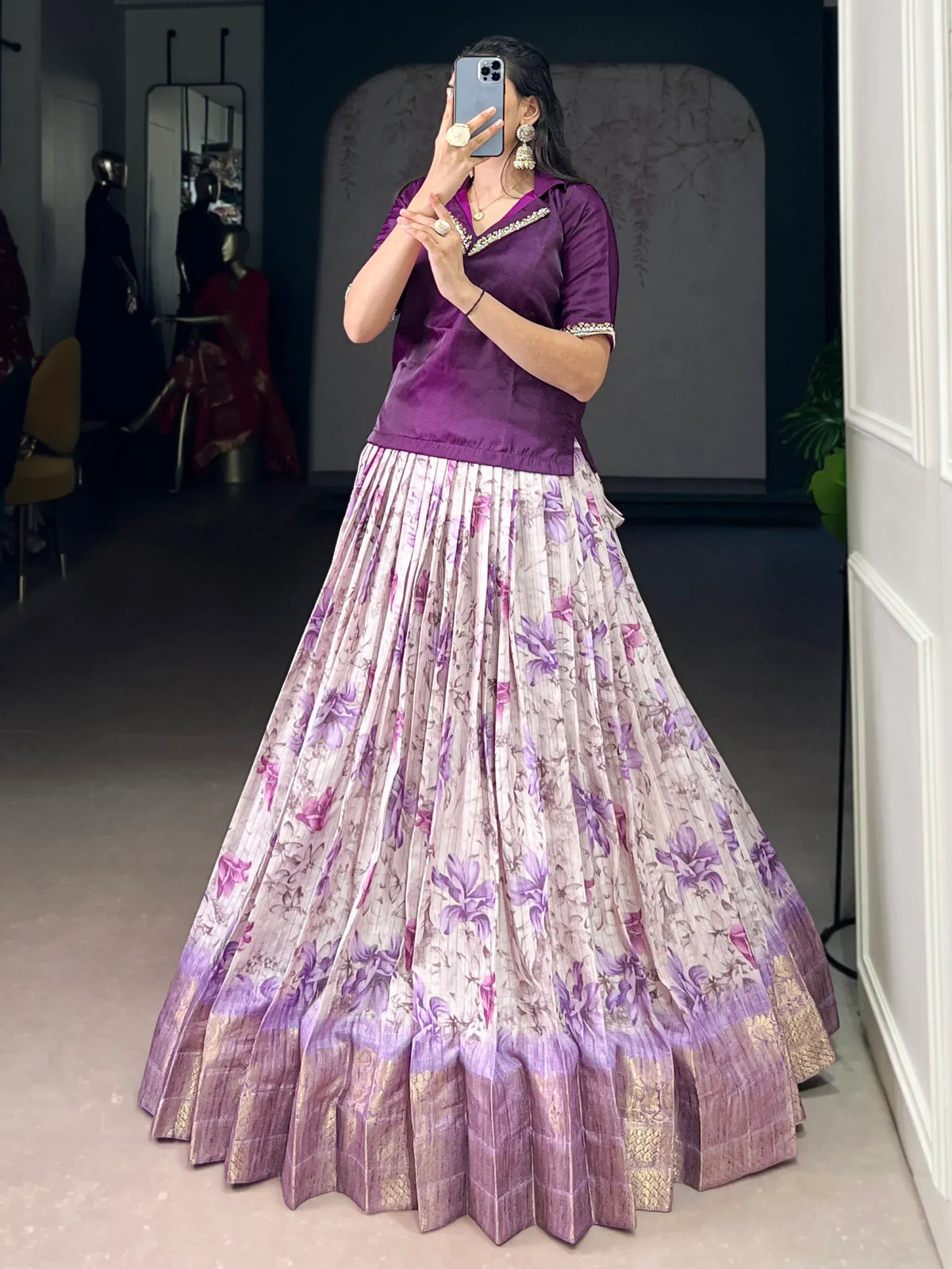 Classic Purple Floral Printed Dola Silk Festive Wear Co-Ord Lehenga Set