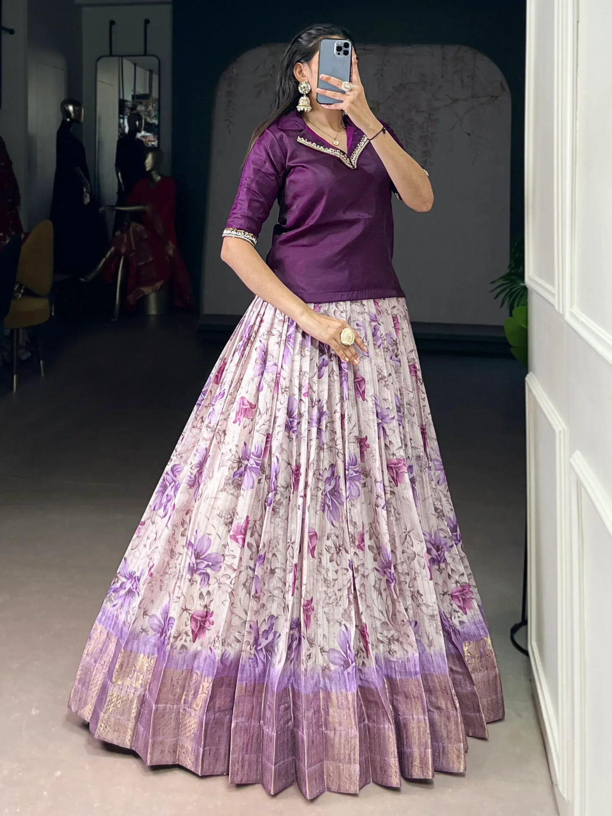 Classic Purple Floral Printed Dola Silk Festive Wear Co-Ord Lehenga Set