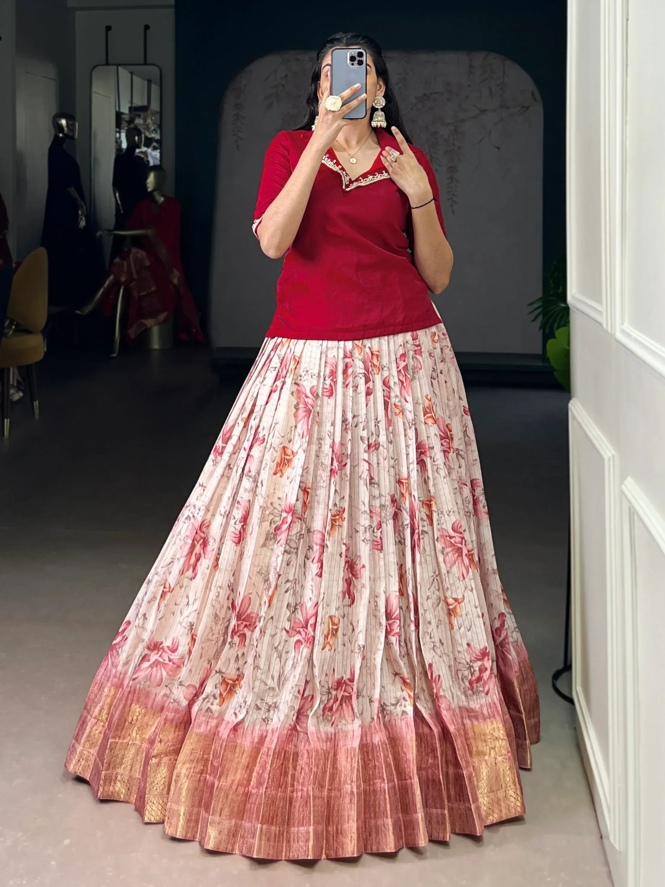 Captivating Red Printed Silk Wedding Wear Co-Ord Lehenga Choli Set