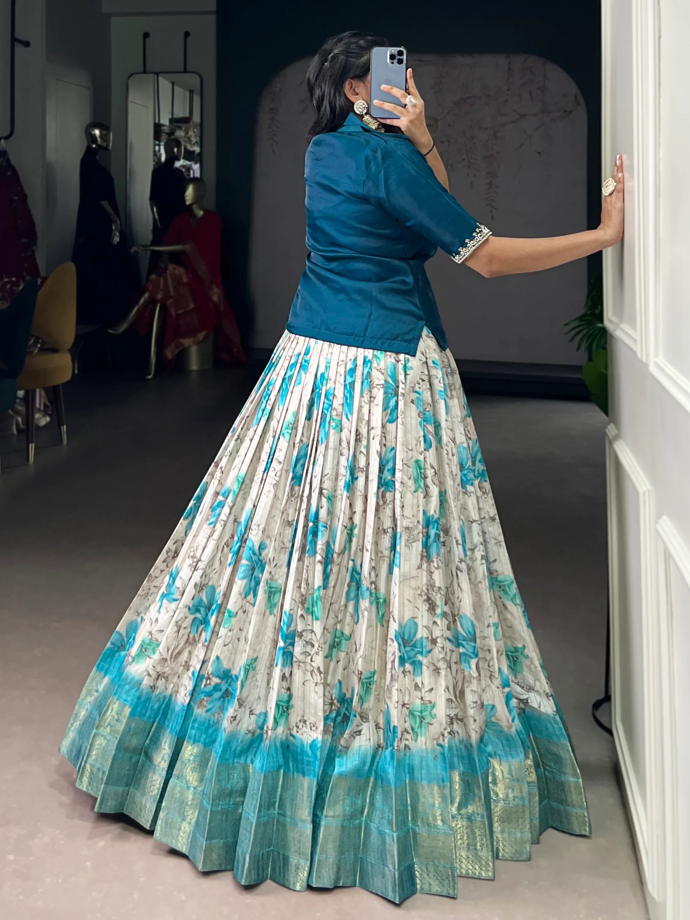 Superb Teal Blue Digital Printed Silk Sangeet Wear Co-Ord Lehenga Choli Set