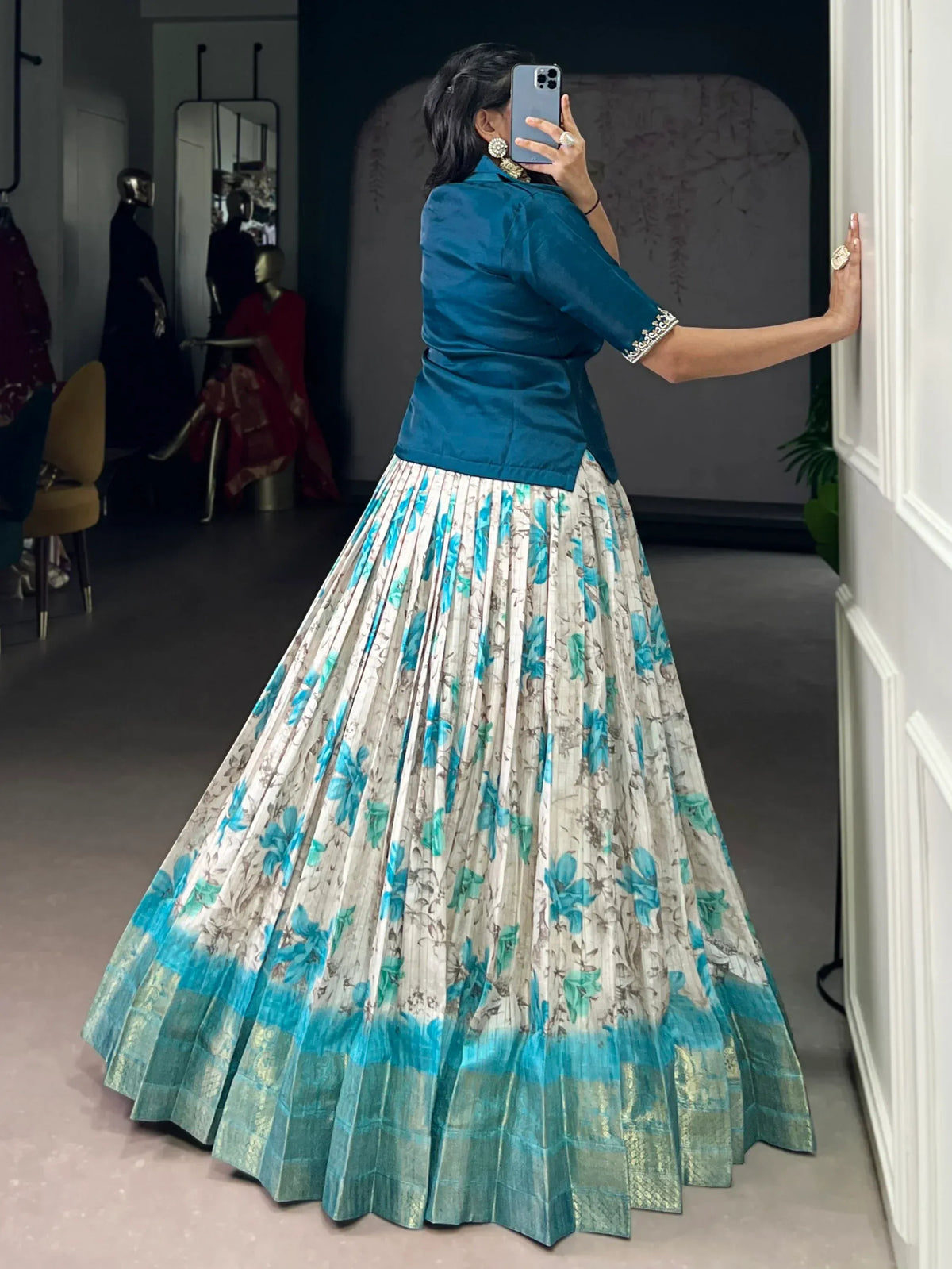 Superb Teal Blue Digital Printed Silk Sangeet Wear Co-Ord Lehenga Choli Set