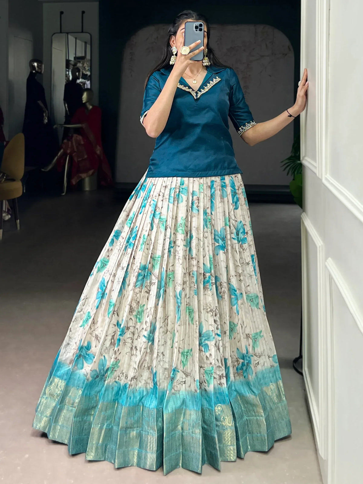Superb Teal Blue Digital Printed Silk Sangeet Wear Co-Ord Lehenga Choli Set