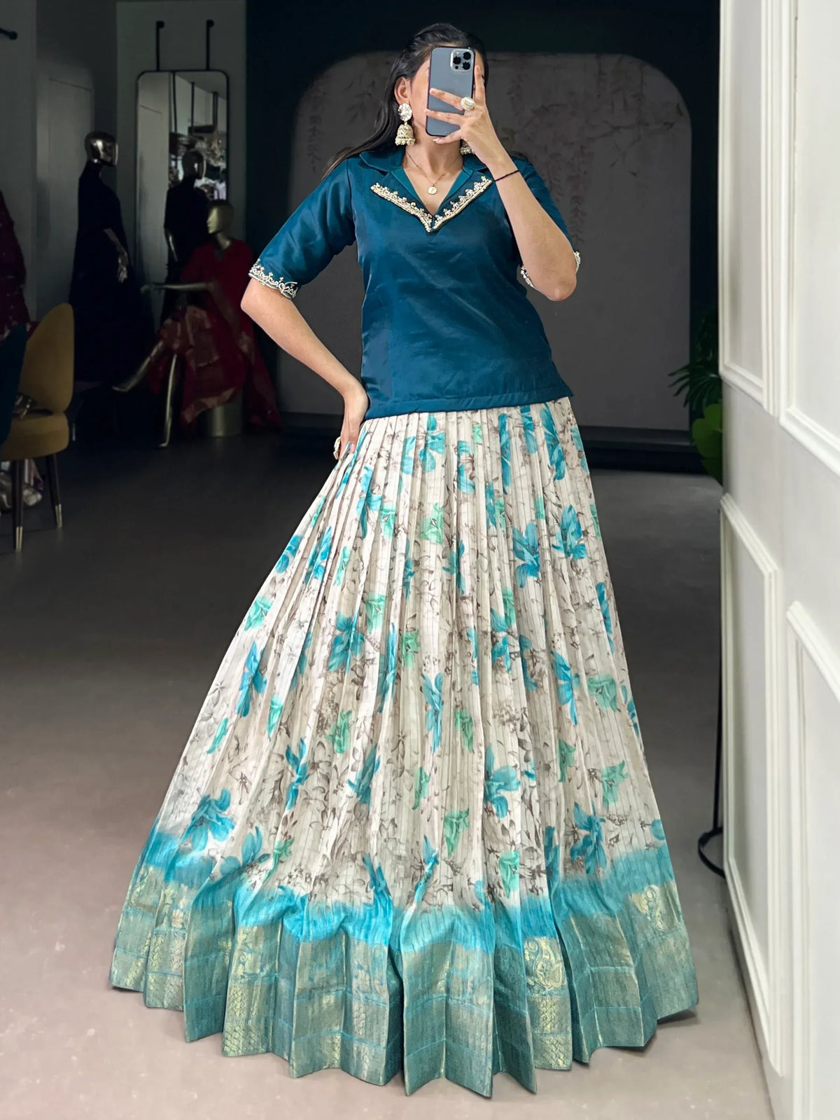 Superb Teal Blue Digital Printed Silk Sangeet Wear Co-Ord Lehenga Choli Set