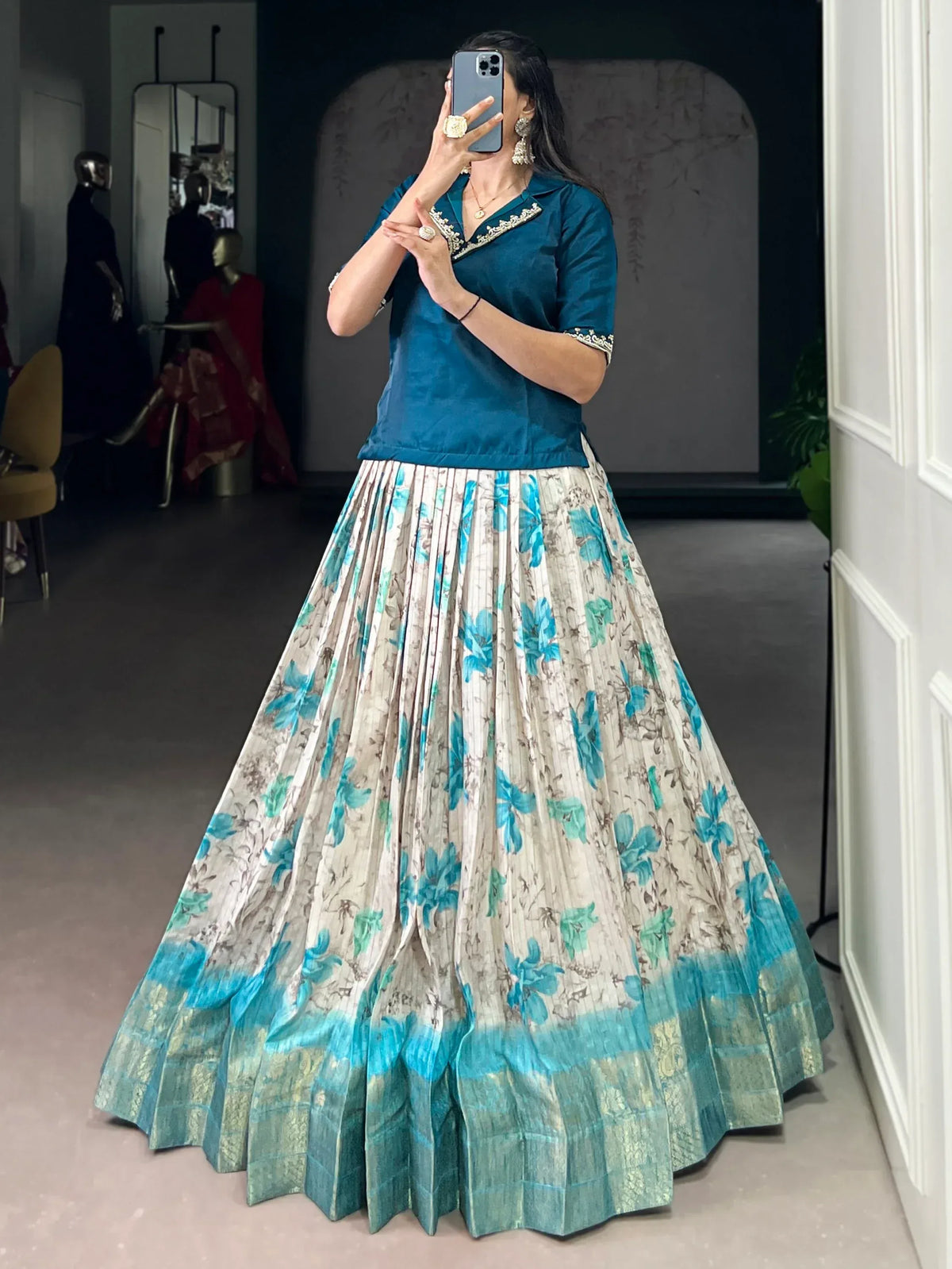Superb Teal Blue Digital Printed Silk Sangeet Wear Co-Ord Lehenga Choli Set