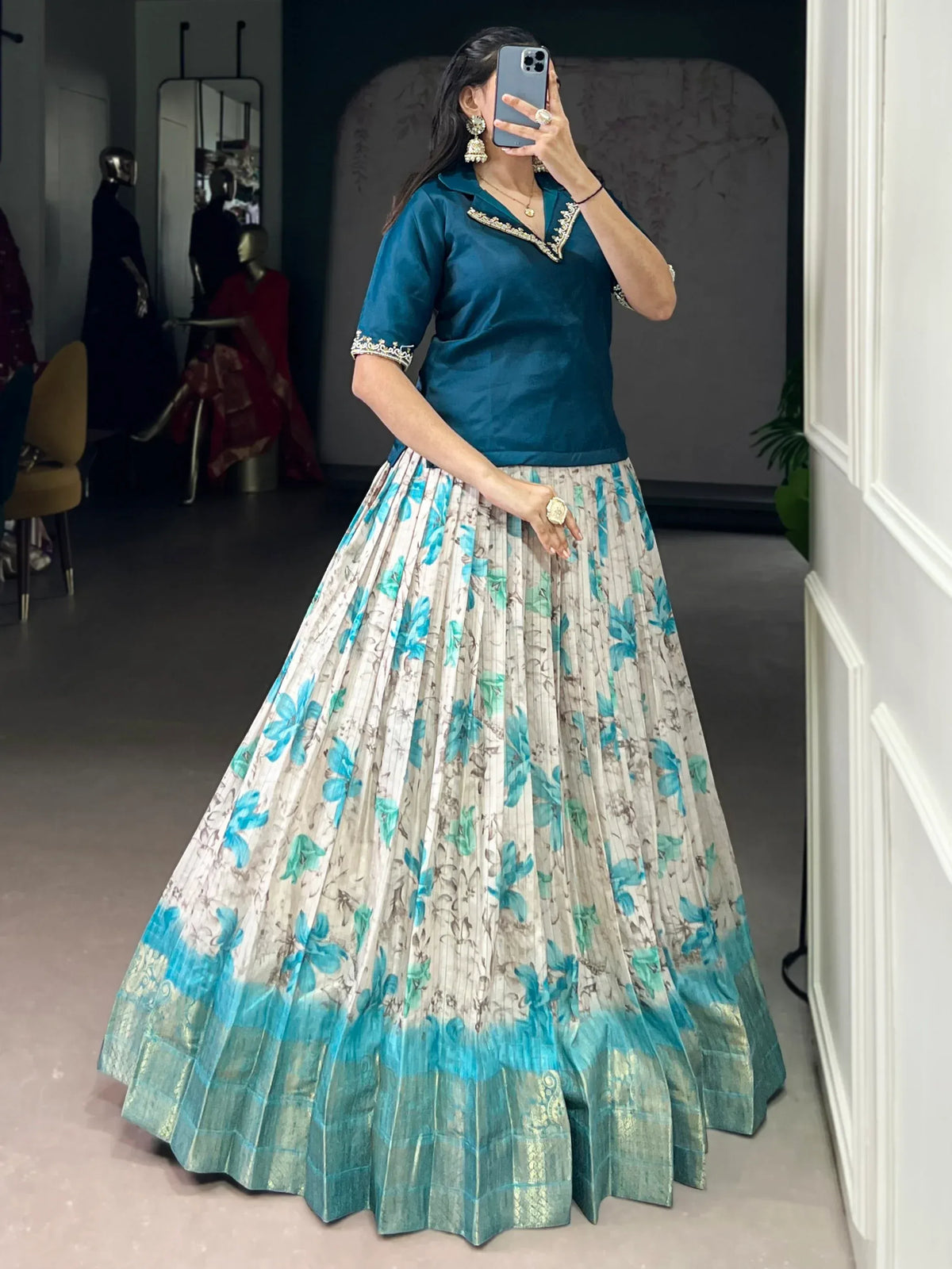 Superb Teal Blue Digital Printed Silk Sangeet Wear Co-Ord Lehenga Choli Set