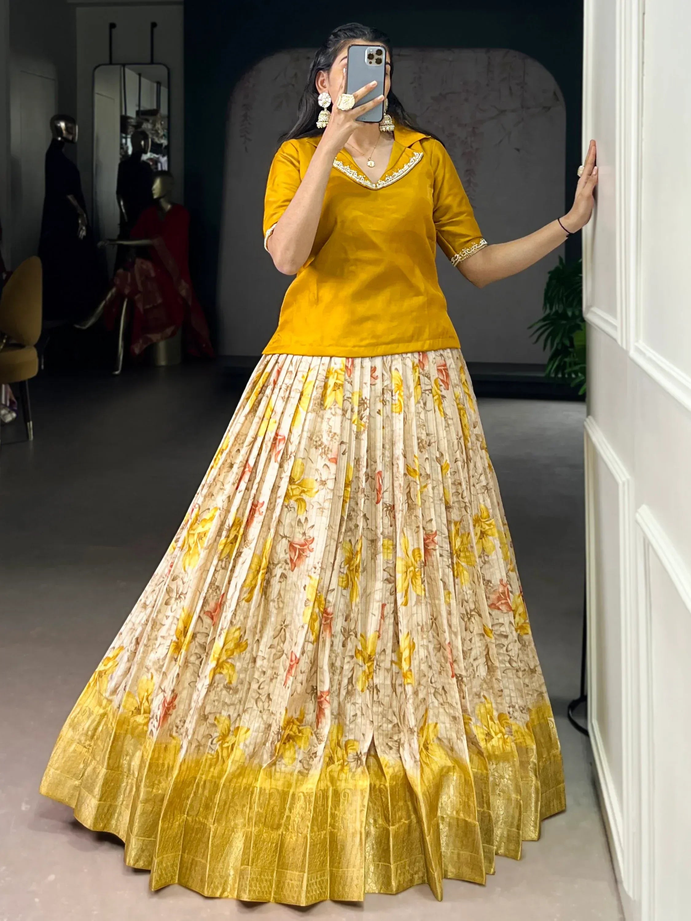 Incredible Yellow Printed Silk Haldi Wear Co-Ord Lehenga Set