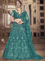 Superb Dark Rama Thread Embroidery Soft Net Party Wear Lehenga Choli