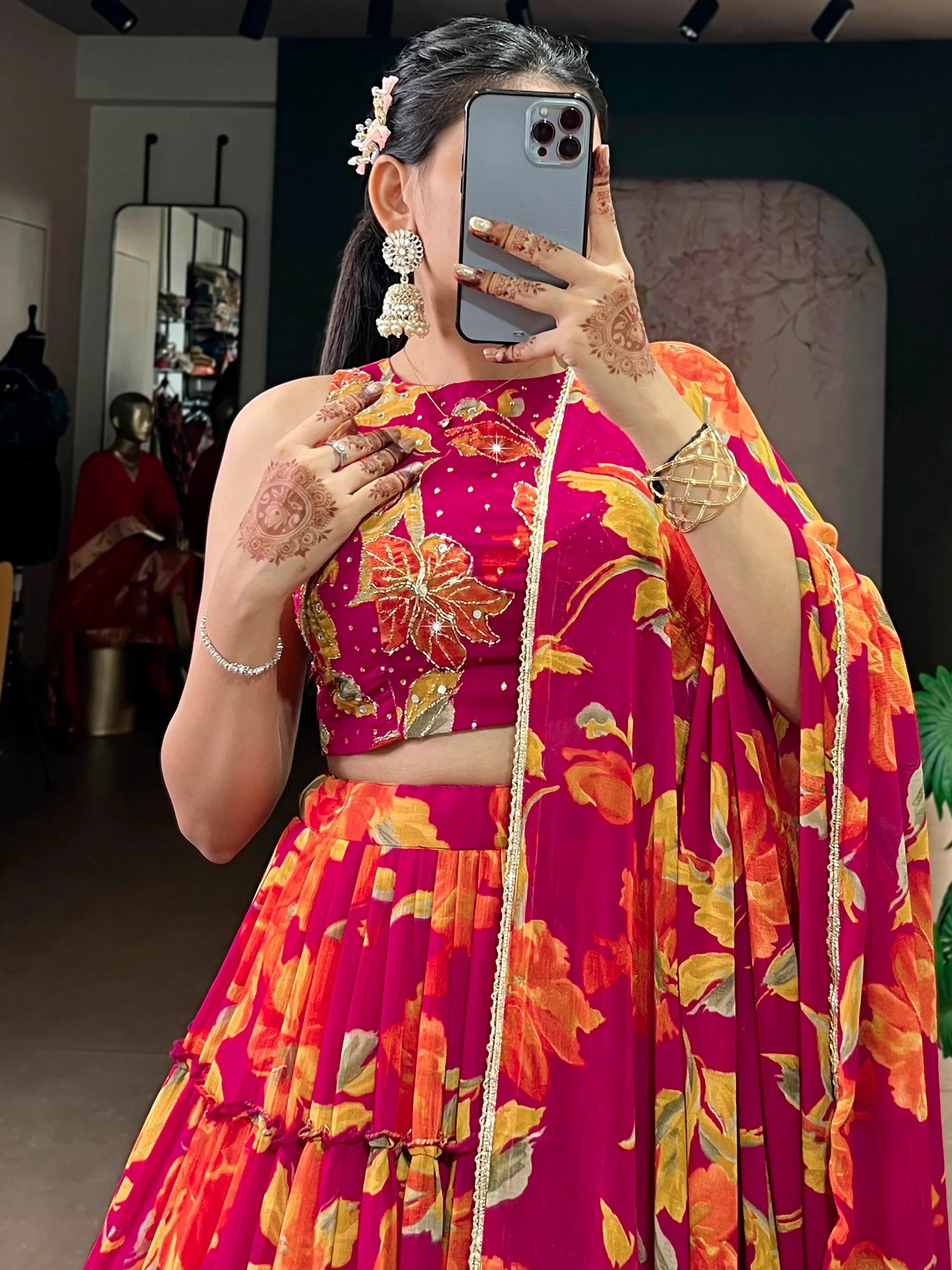 Beautiful Pink Floral Printed Georgette Bridesmaid Lehenga Choli