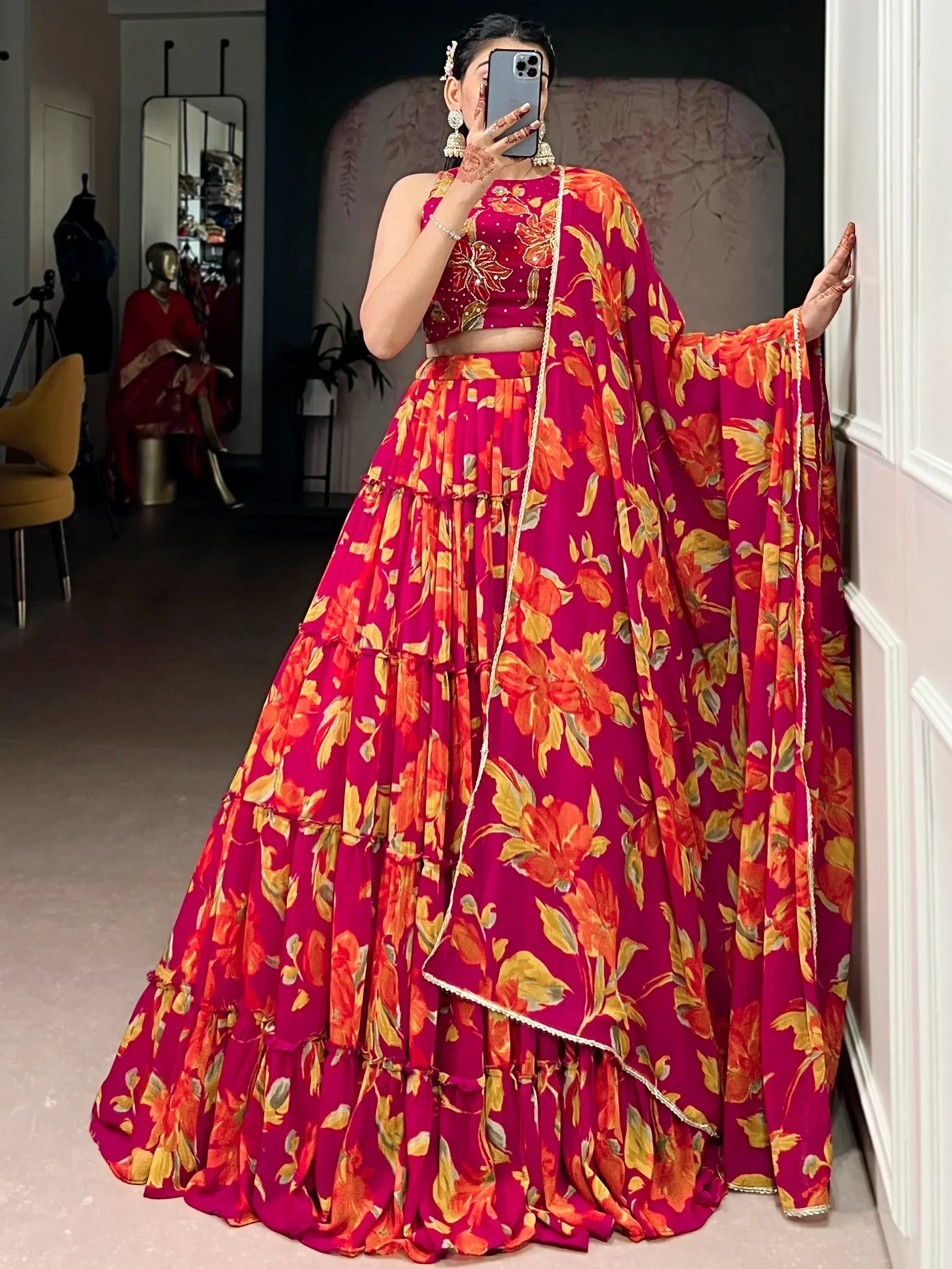 Beautiful Pink Floral Printed Georgette Bridesmaid Lehenga Choli