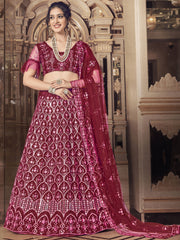 Captivating Maroon Thread Embroidery Soft Net Party Wear Lehenga Choli