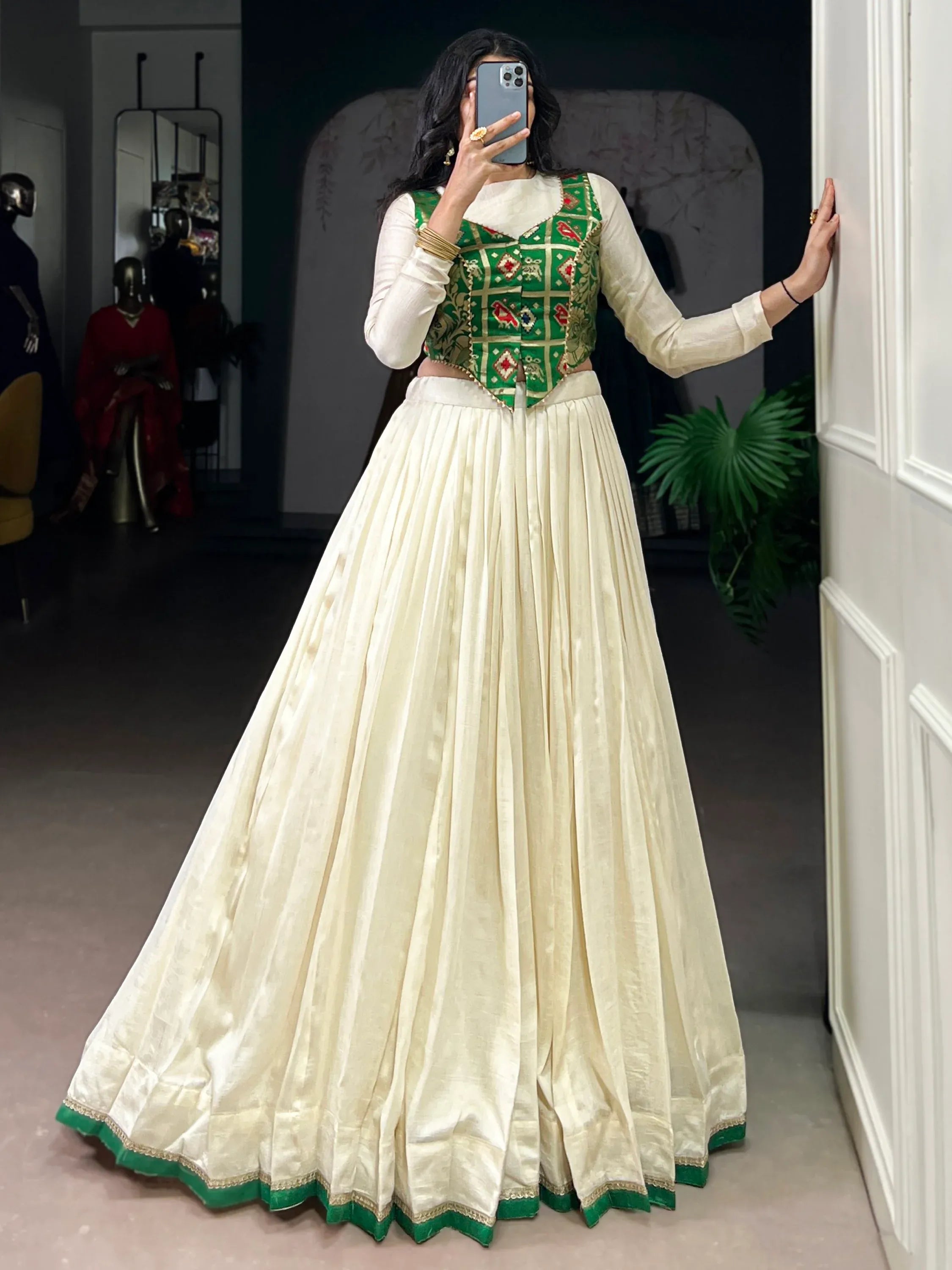 Regal Off-White Lace Work Silk Festive Wear Crop Top Lehenga With Koti