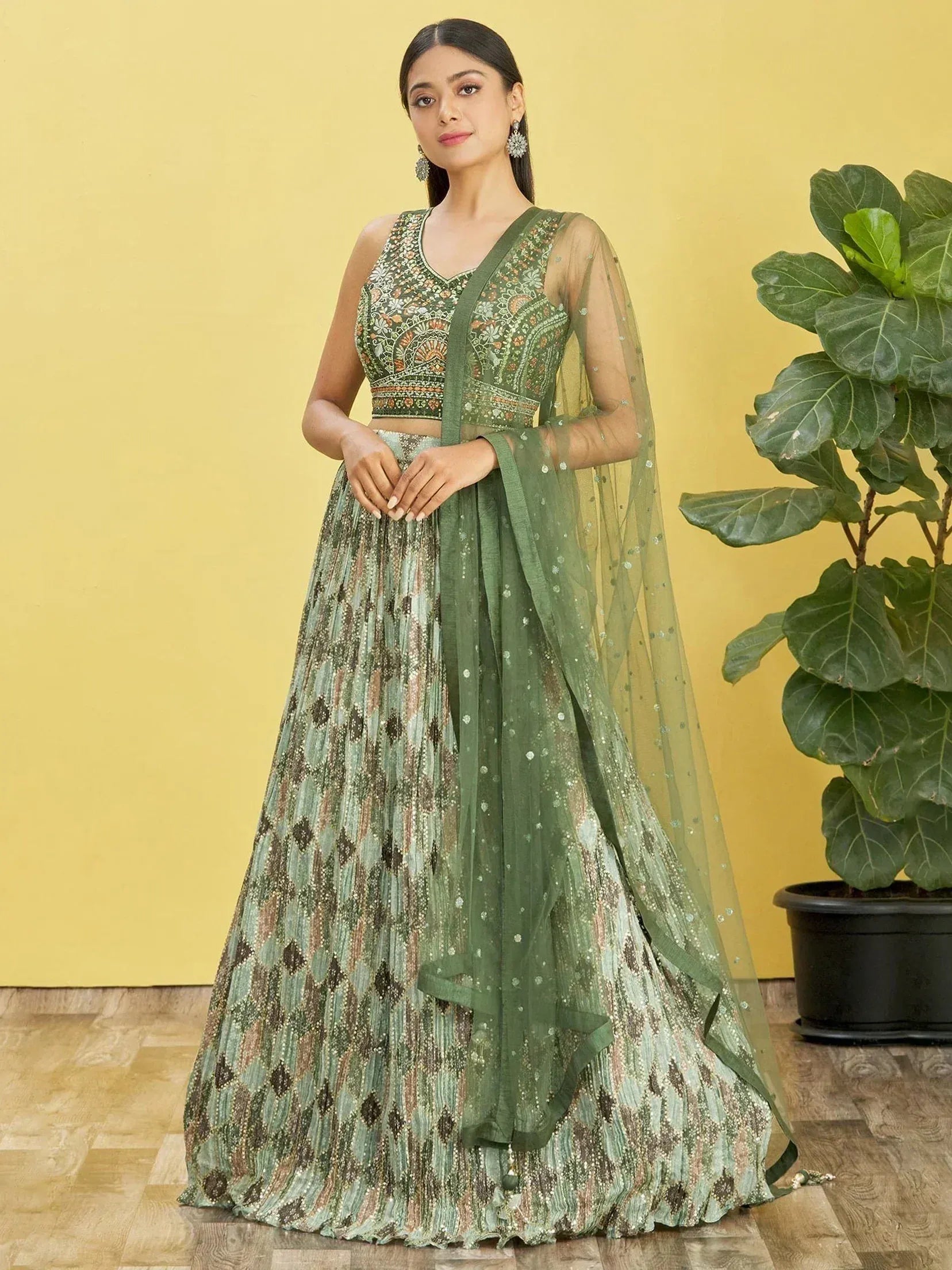 Green embroidered lehenga choli with sheer dupatta, Indian ethnic wear for women