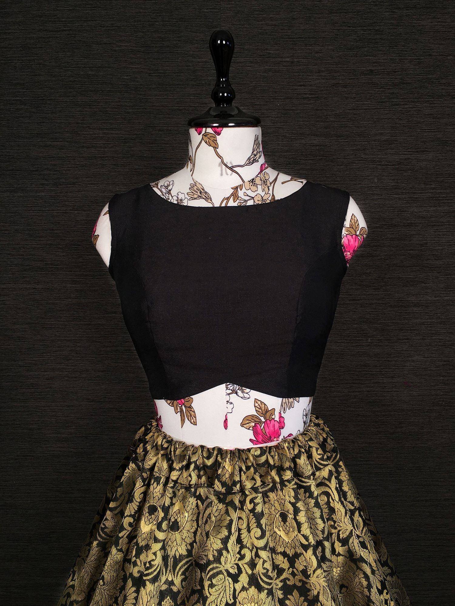 Black sleeveless top with gold floral skirt, Indian ethnic wear