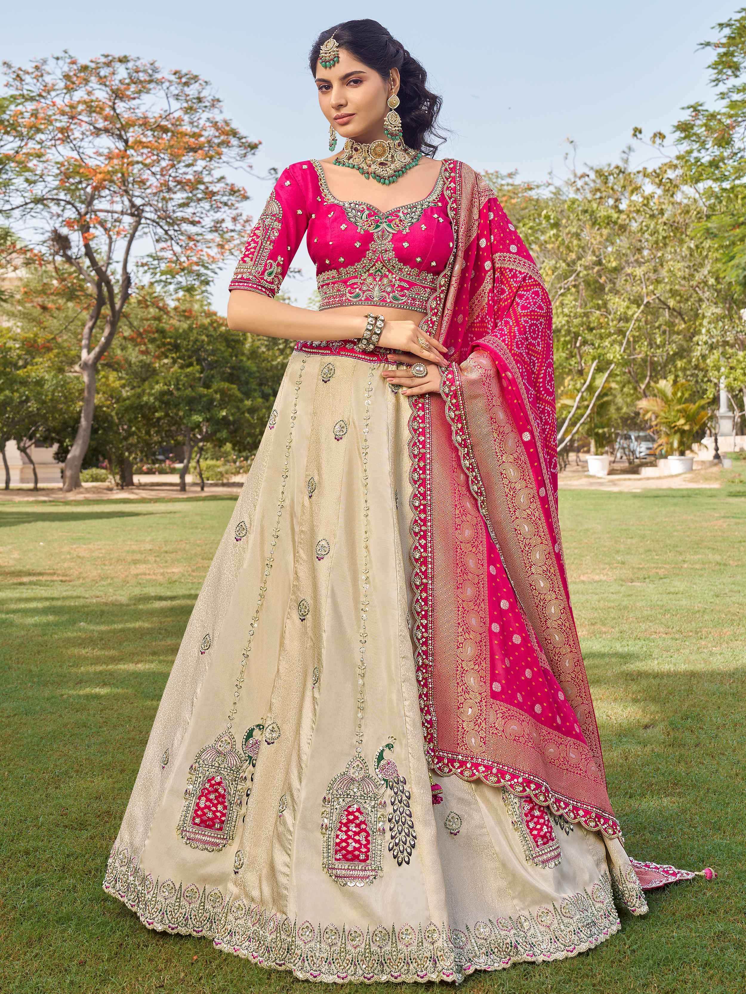 Outstanding Off-White Beads Work Tissue Bridesmaid Lehenga Choli