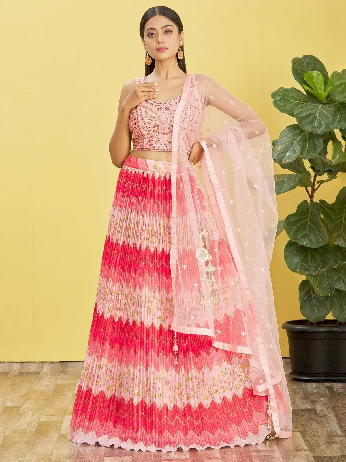 Pink ombre pleated lehenga choli with floral embroidery and sheer dupatta, Indian ethnic wear