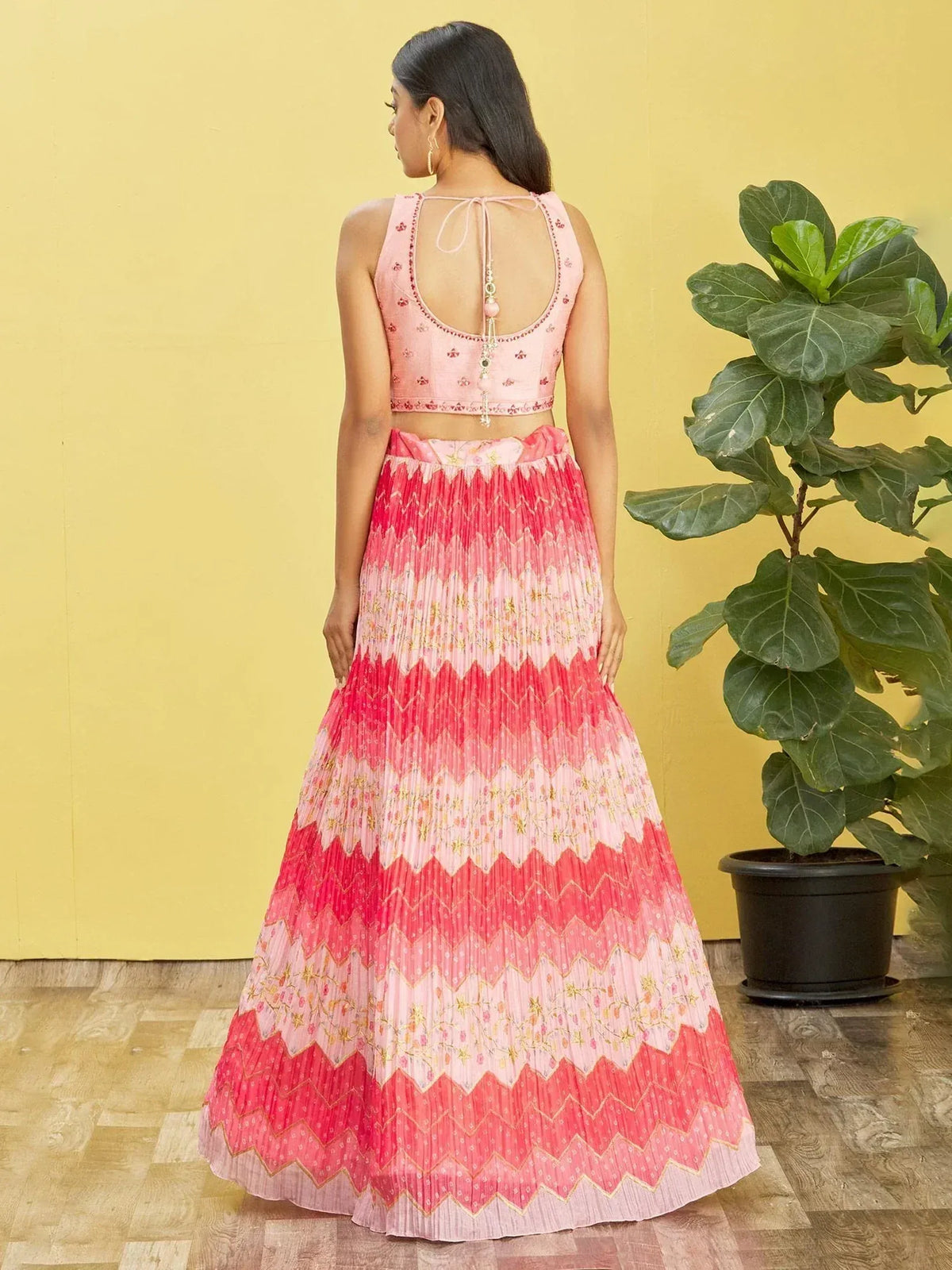 Pink ombre pleated lehenga with floral embroidery and back-tie blouse, Indian ethnic wear
