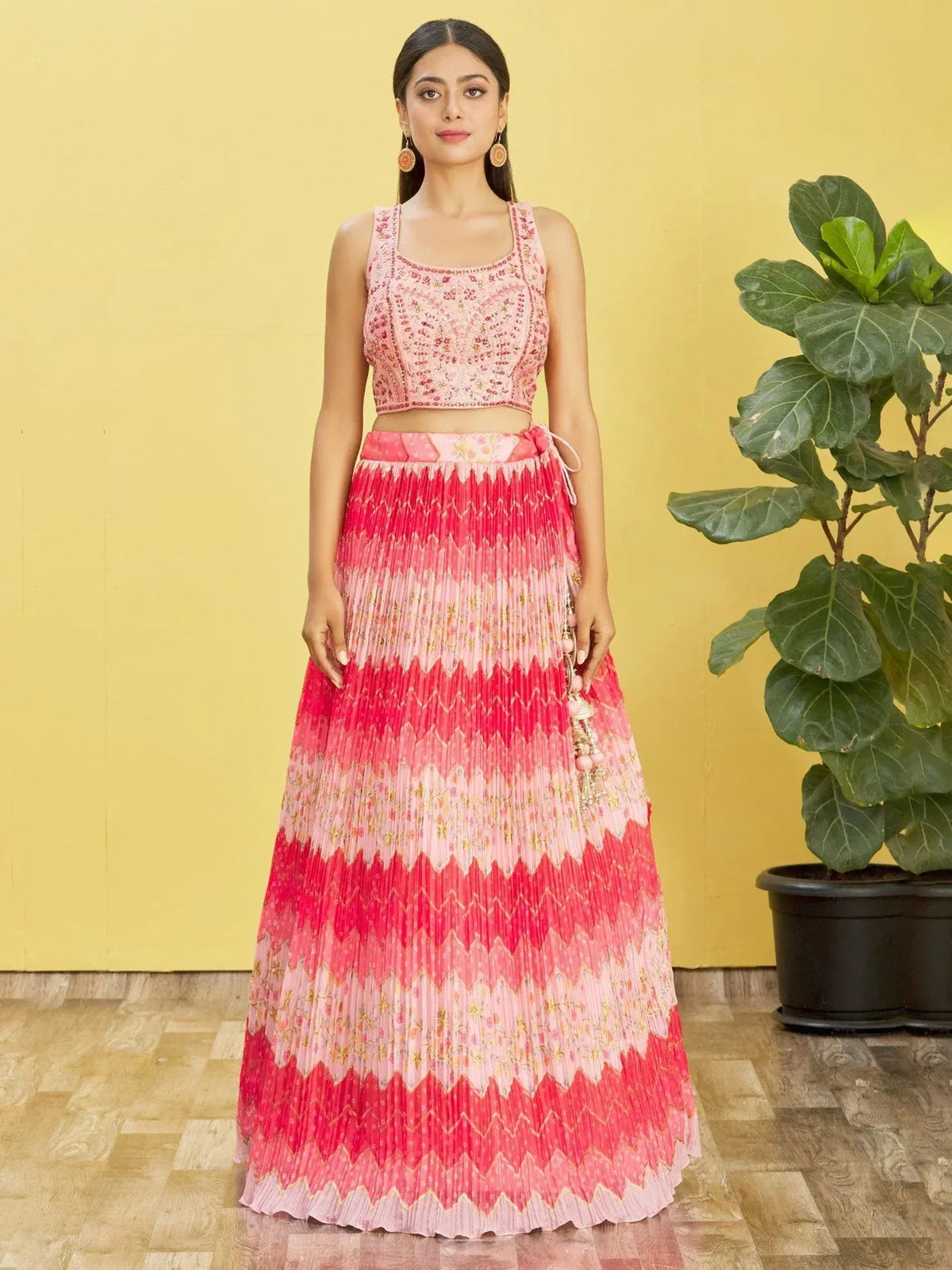 Pink embroidered lehenga choli with pleated skirt, Indian ethnic wear for women