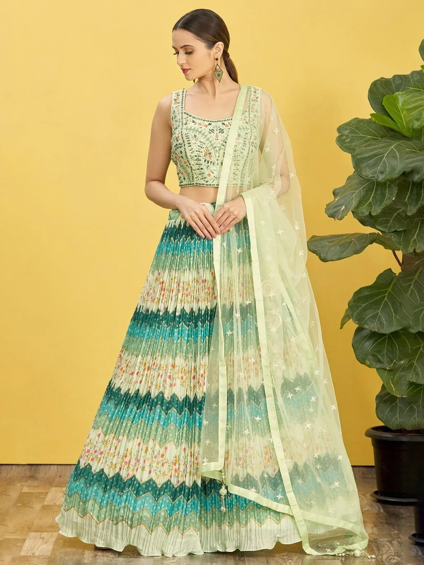 Mint green embroidered lehenga choli with pleated skirt and floral dupatta, Indian ethnic wear