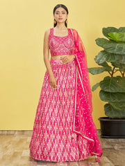Beautiful Pink Mirror Work Chinon Reception Wear Lehenga Choli