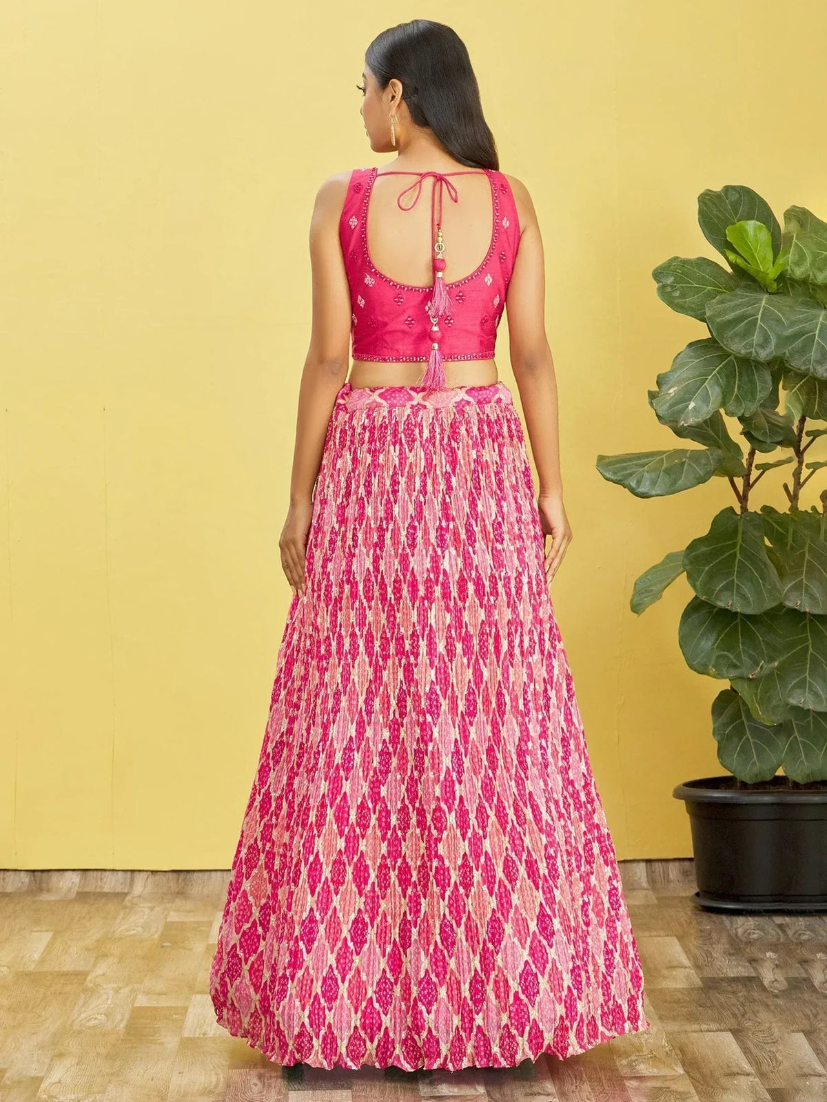 Pink printed lehenga choli with back tie blouse, ethnic wear for women