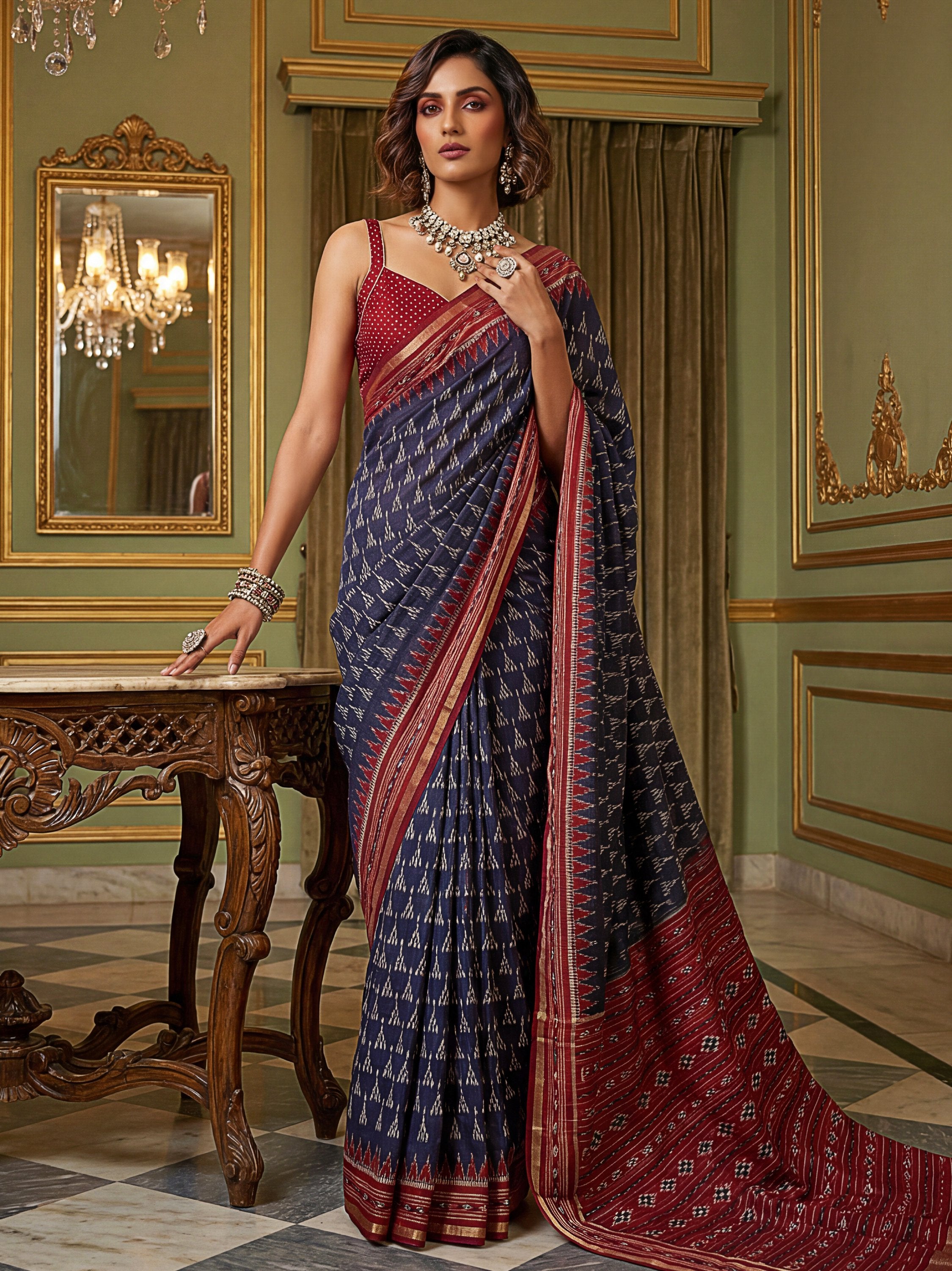 Glamours Navy Blue Zari Bordered Silk Event Wear Saree With Blouse