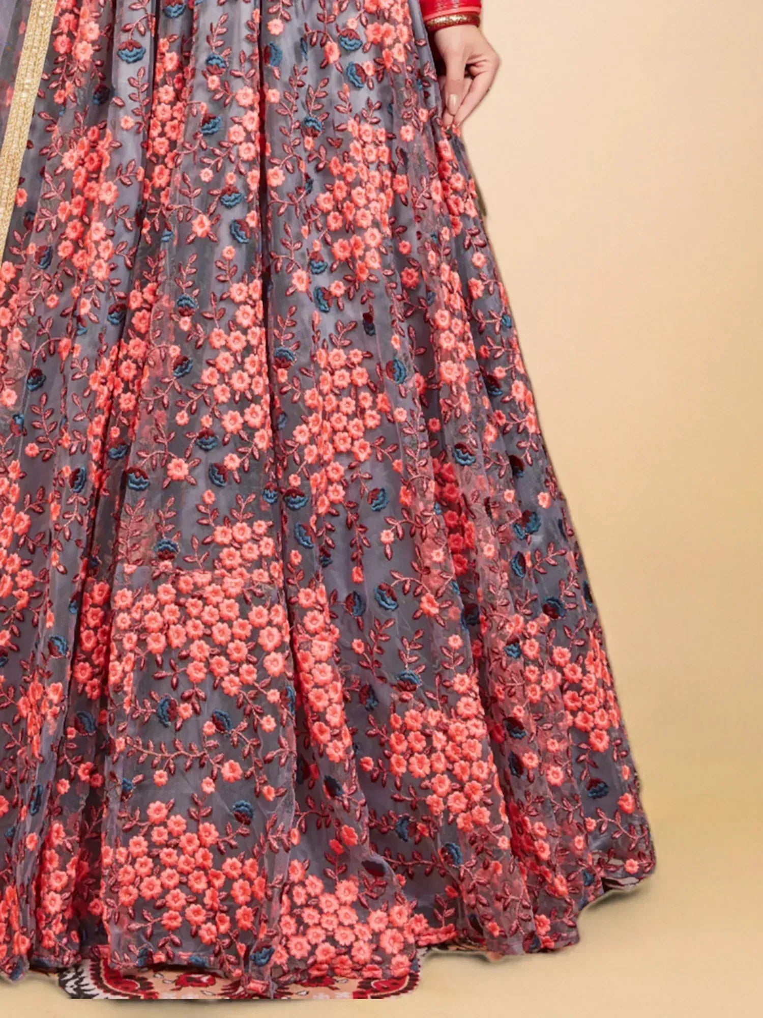 Grey lehenga with coral and blue floral embroidery, Indian ethnic wear