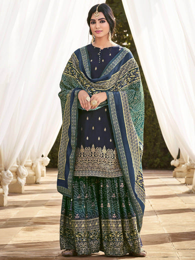 Glamorous Navy Blue Bandhani Printed Silk Festival Wear Sharara Suit