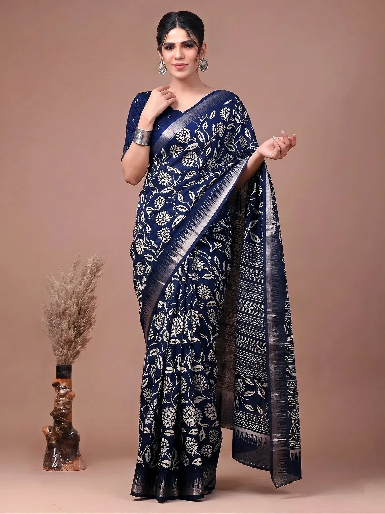 Classy Navy Blue Floral Printed Silk Office Wear Saree With Blouse