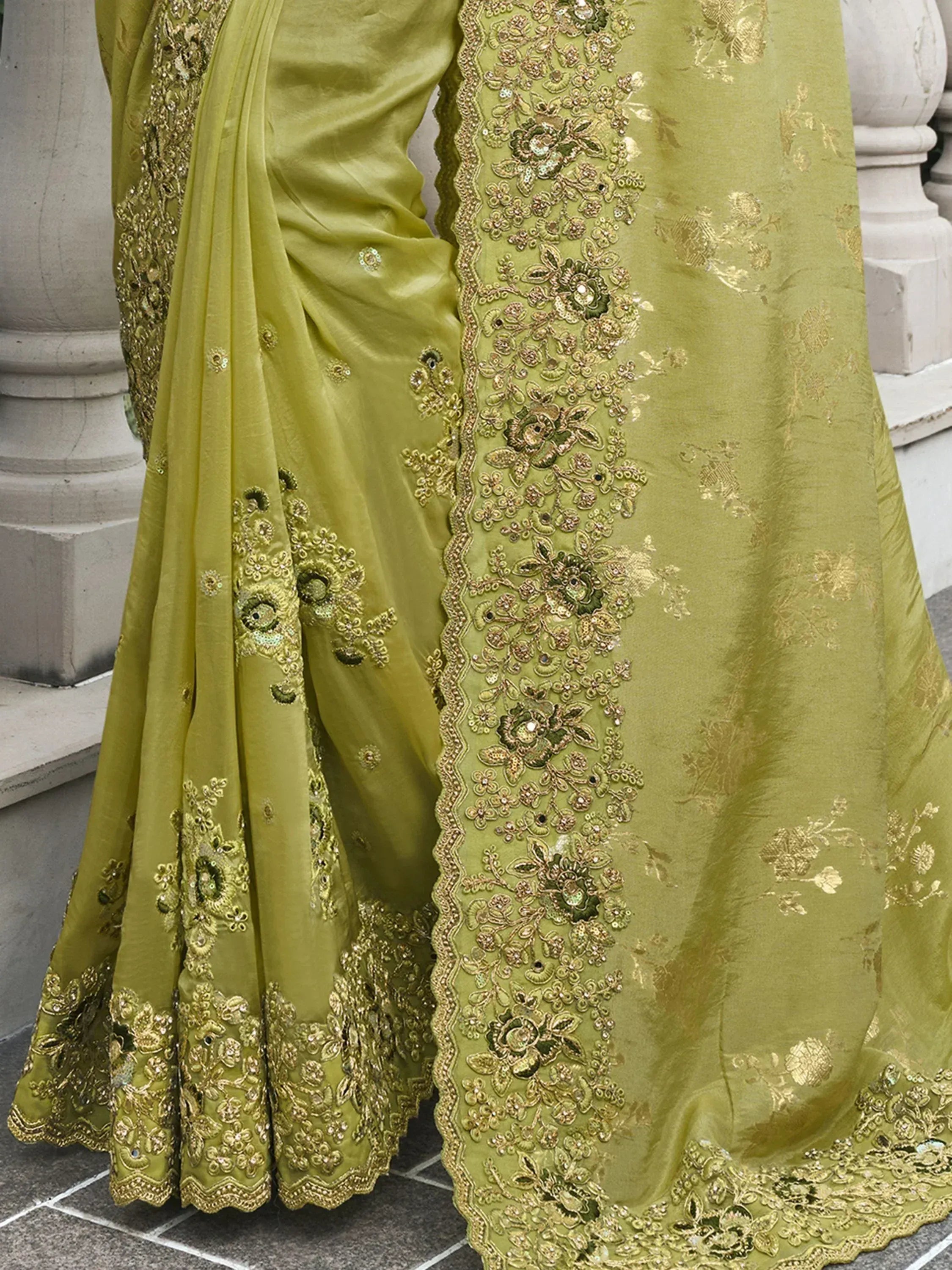 Lovely Olive Green Heavy Embroidery Organza Silk Function Wear Saree