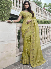 Lovely Olive Green Heavy Embroidery Organza Silk Function Wear Saree