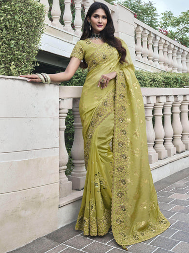 Lovely Olive Green Heavy Embroidery Organza Silk Function Wear Saree