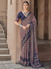 Wonderful Navy Blue Patola Printed Silk Traditional Saree With Blouse