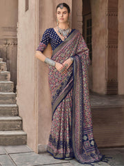 Wonderful Navy Blue Patola Printed Silk Traditional Saree With Blouse