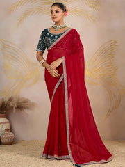 Stunning Red Georgette Wedding Wear Saree With Embroidered Blouse