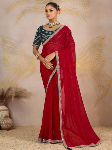 Stunning Red Georgette Wedding Wear Saree With Embroidered Blouse