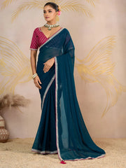 Pretty Teal Blue Georgette Wedding Wear Saree With Embroidered Blouse