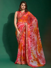 Capricious Red Shibori Printed Chiffon Saree With Sequins blouse
