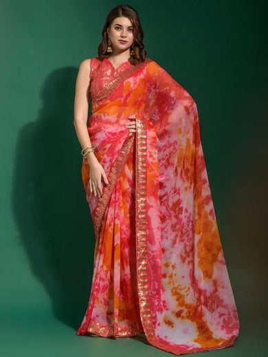 Capricious Red Shibori Printed Chiffon Saree With Sequins blouse