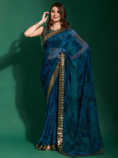 Spectacular Blue Shibori Printed Chiffon Saree With sequins Blouse