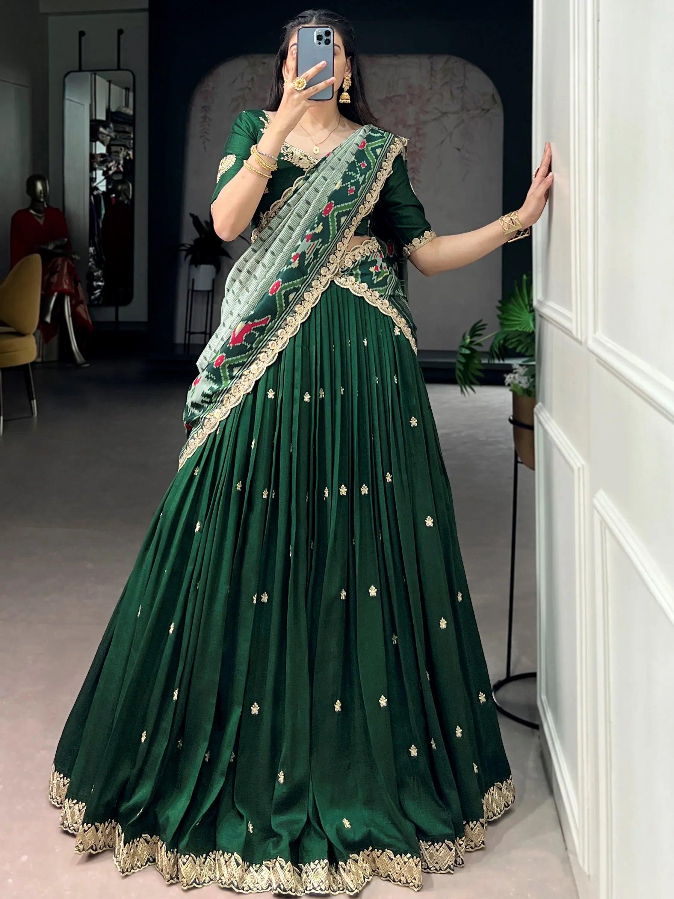 Precious Green Thread Work Silk Mehendi Wear Half Saree Lehenga