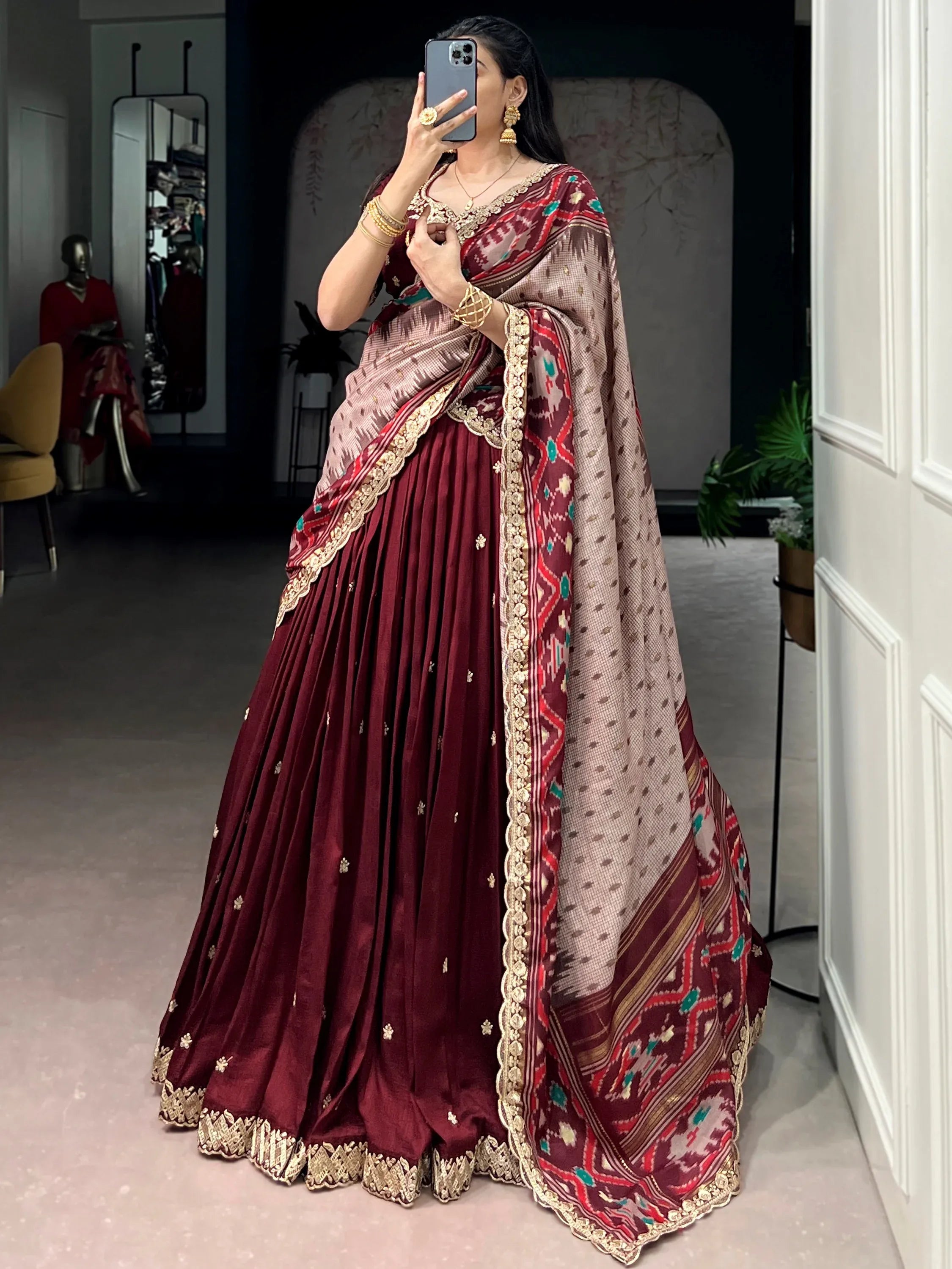 Lovable Maroon Embroidered Silk Wedding Wear Half Saree Lehenga